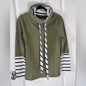 Andthewhy Olive Green Waffle Knit Top with Striped Accents-Small-NWT